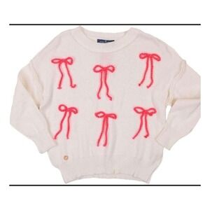 Simply Southern White Cotton Knit Sweater Pink Crochet Bows Large NWT